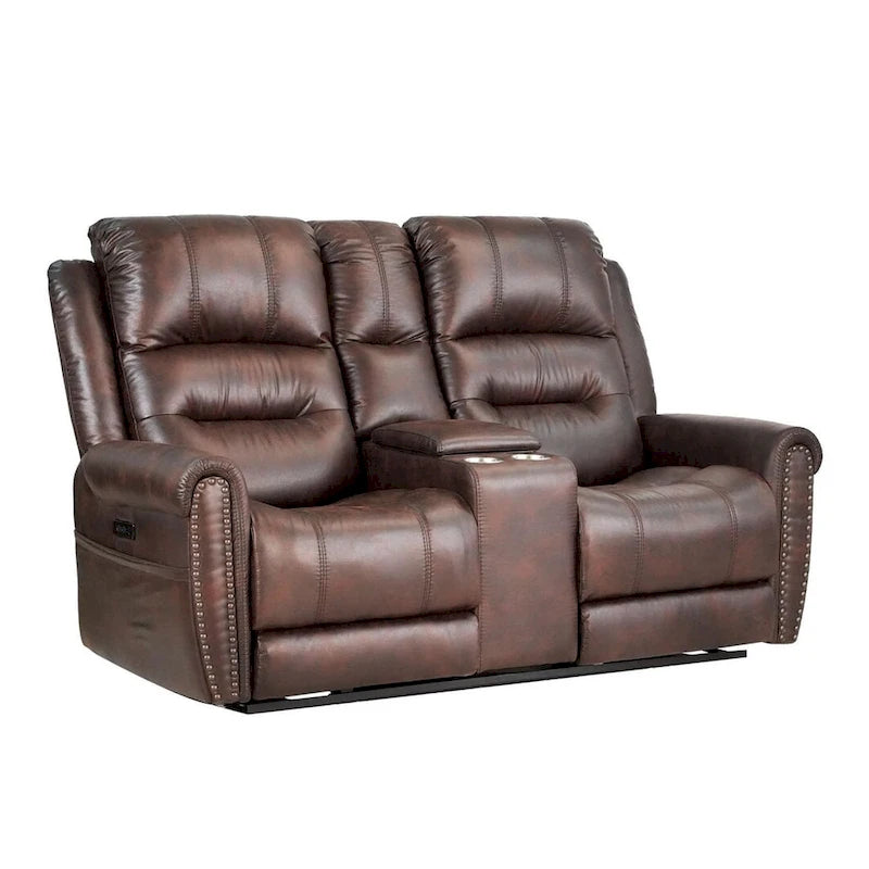 Fauteuil inclinable électrique en similicuir marron avec dossier haut, clous décoratifs et appuie-tête réglable avec port USB