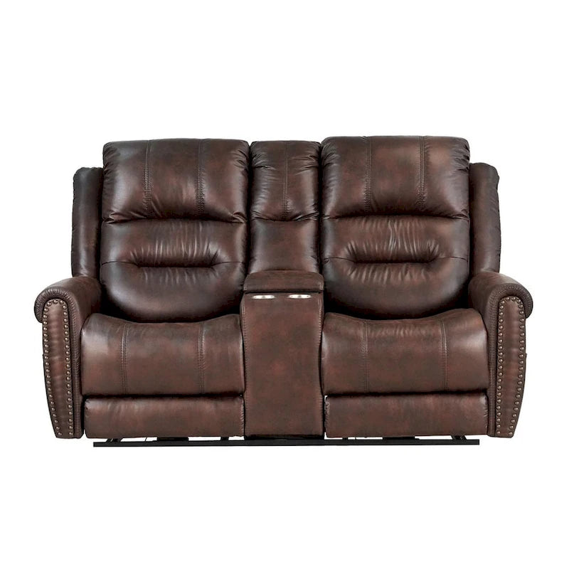 Fauteuil inclinable électrique en similicuir marron avec dossier haut, clous décoratifs et appuie-tête réglable avec port USB