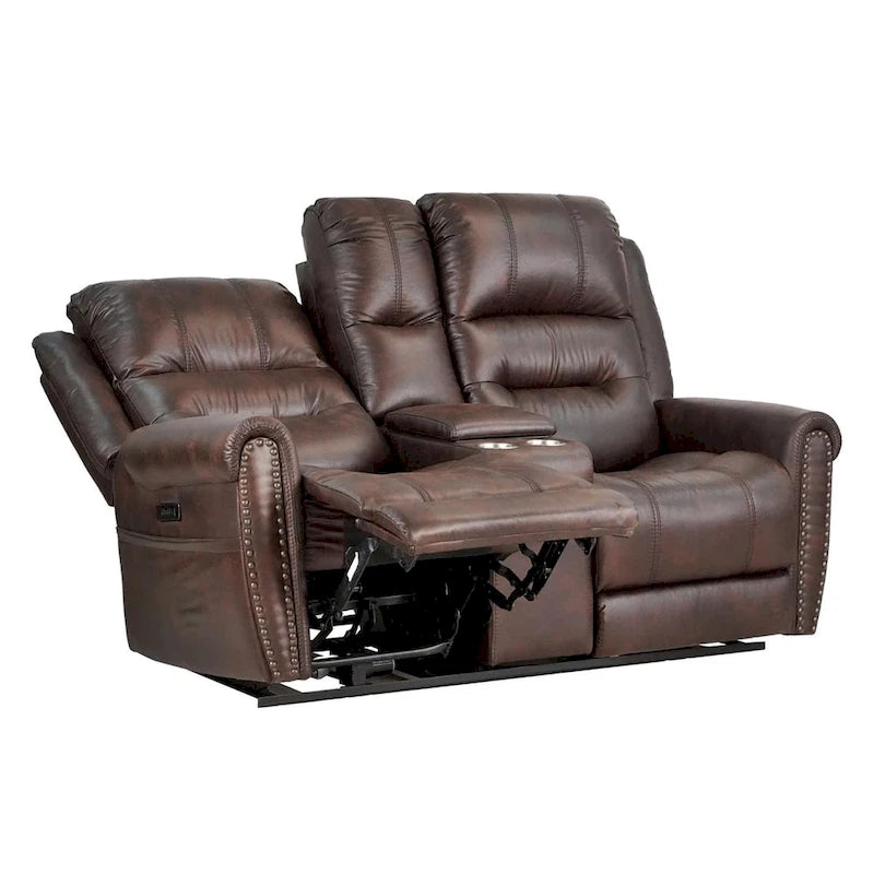 Fauteuil inclinable électrique en similicuir marron avec dossier haut, clous décoratifs et appuie-tête réglable avec port USB