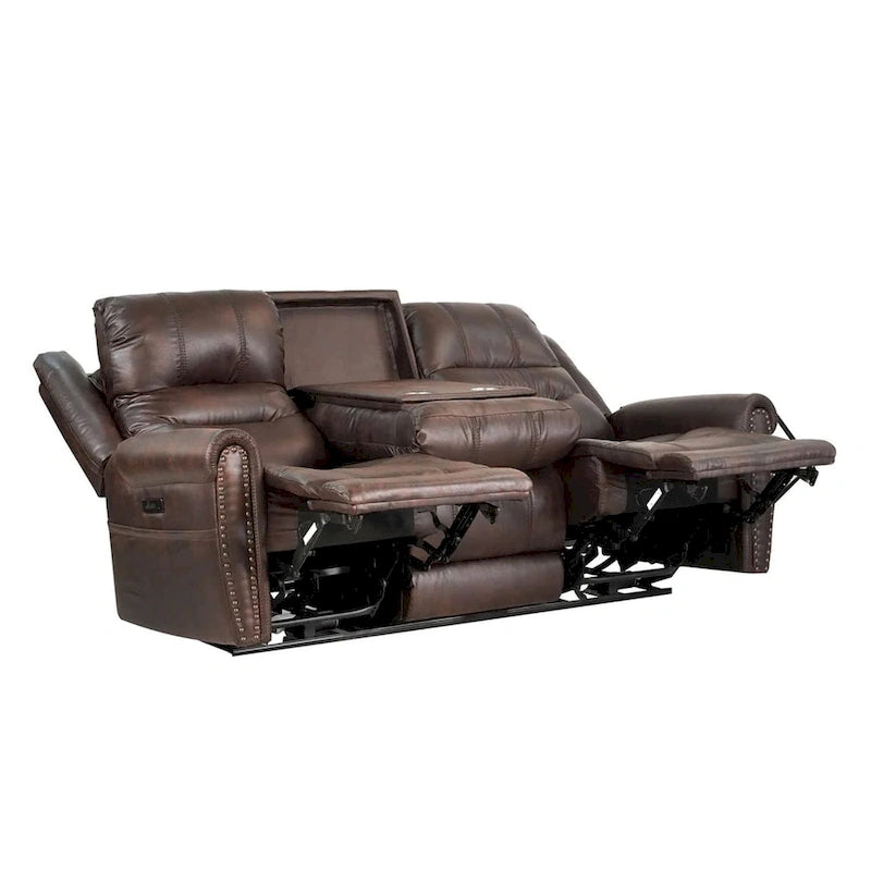 Fauteuil inclinable électrique en similicuir marron avec dossier haut, clous décoratifs et appuie-tête réglable avec port USB