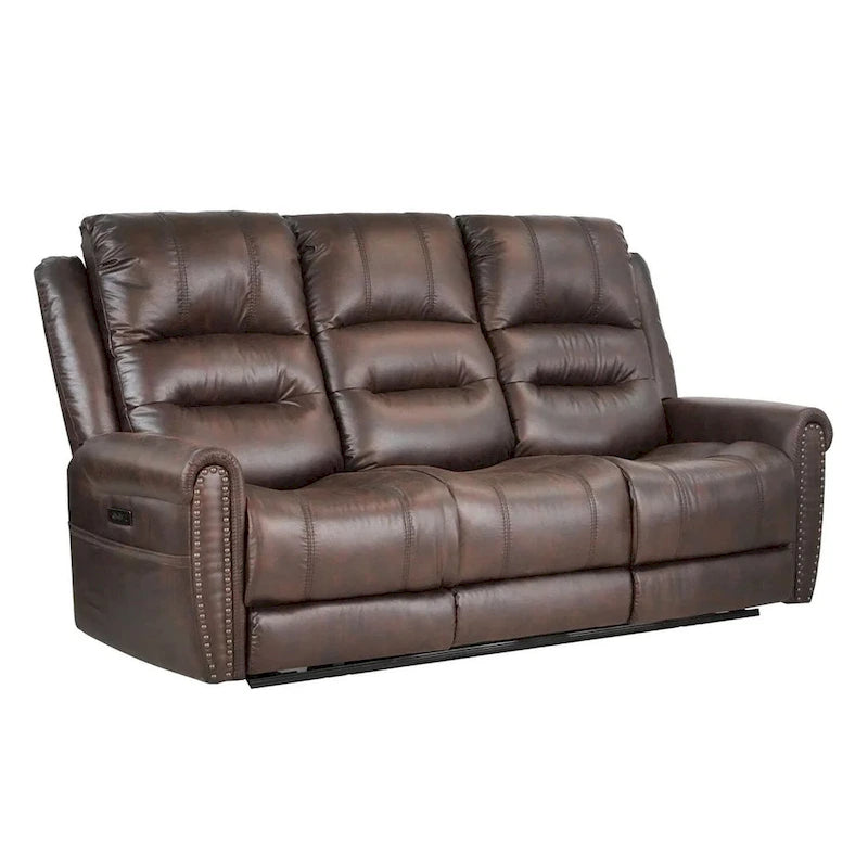 Fauteuil inclinable électrique en similicuir marron avec dossier haut, clous décoratifs et appuie-tête réglable avec port USB