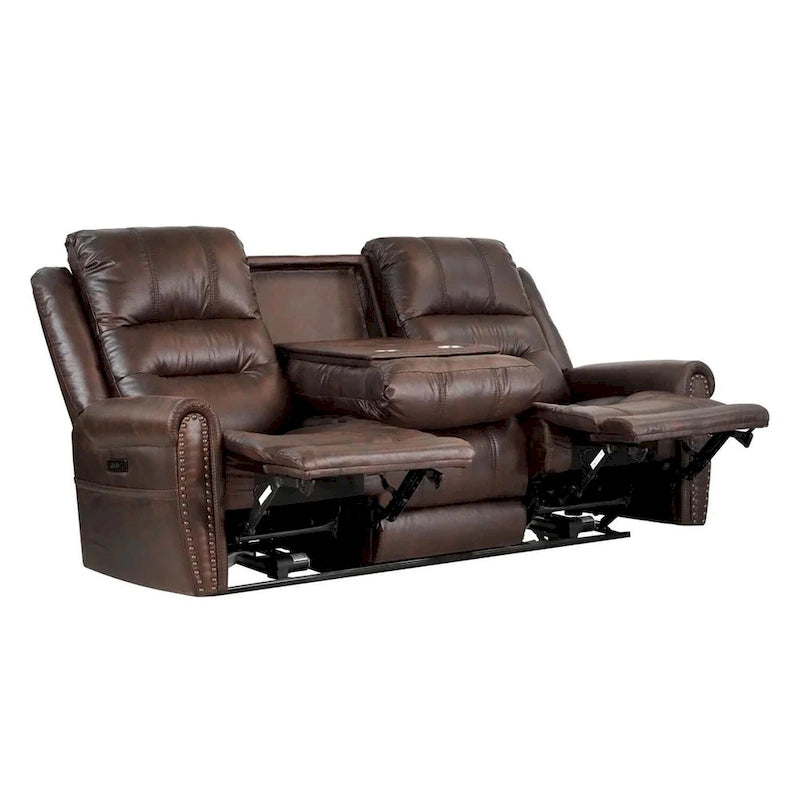 Fauteuil inclinable électrique en similicuir marron avec dossier haut, clous décoratifs et appuie-tête réglable avec port USB