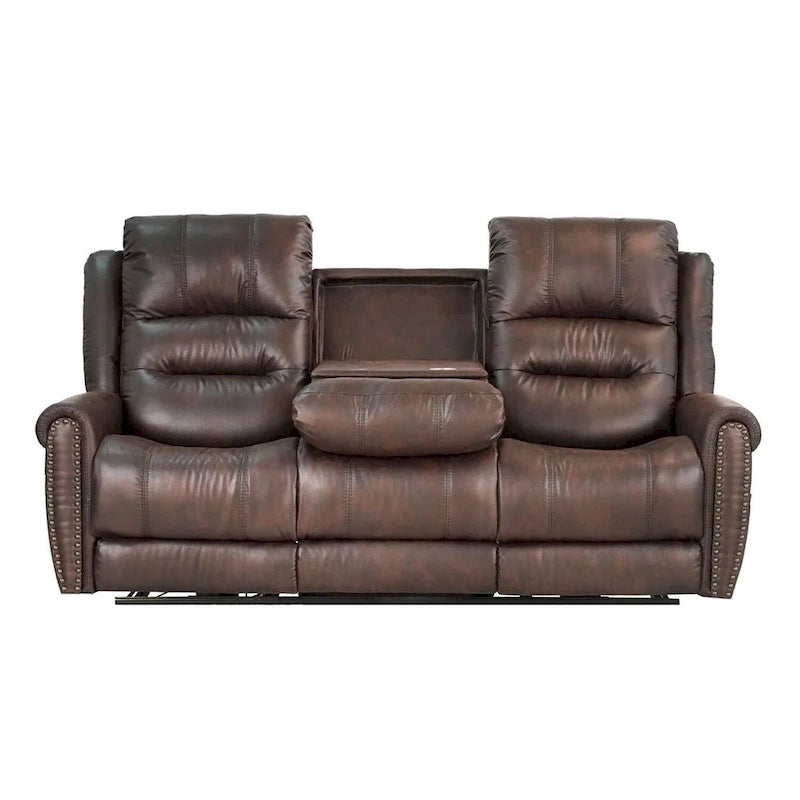 Fauteuil inclinable électrique en similicuir marron avec dossier haut, clous décoratifs et appuie-tête réglable avec port USB