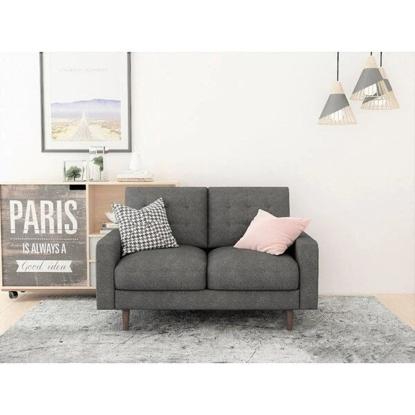 Causeuse en velours capitonné de style milieu de siècle avec pieds en bois massif