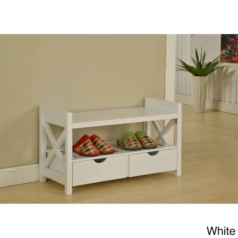 Banc de rangement d'entrée en bois massif avec tiroirs, finition cerisier et blanc