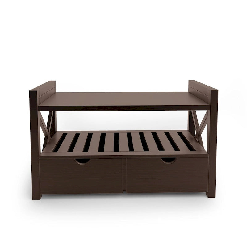 Banc de rangement d'entrée en bois massif avec tiroirs, finition cerisier et blanc