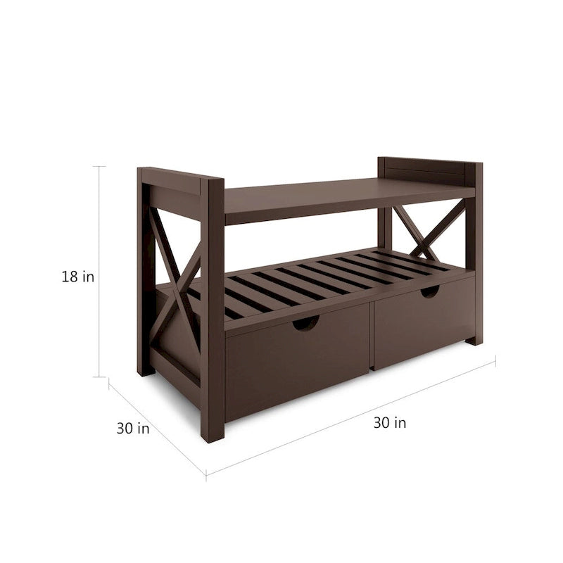 Banc de rangement d'entrée en bois massif avec tiroirs, finition cerisier et blanc