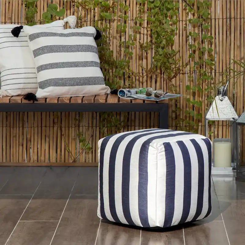 Pouf ottoman carré tissé Jacquard à rayures roses et blanches pour l'intérieur et l'extérieur