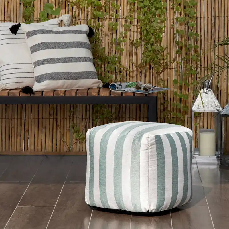 Pouf ottoman carré tissé Jacquard à rayures roses et blanches pour l'intérieur et l'extérieur