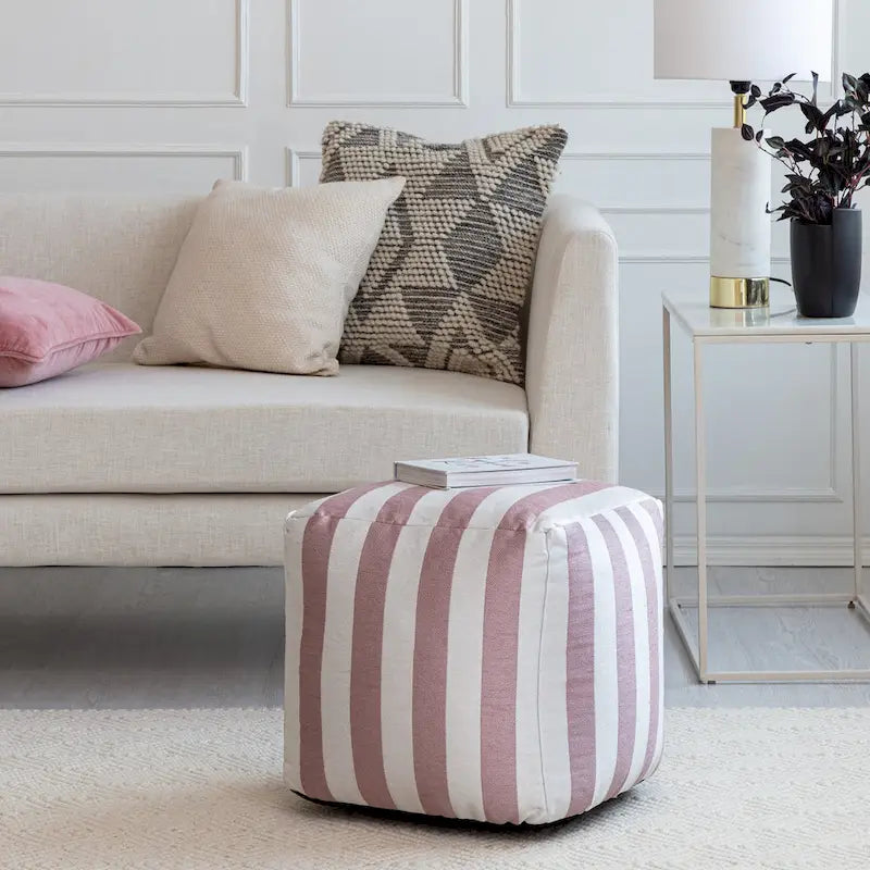 Pouf ottoman carré tissé Jacquard à rayures roses et blanches pour l'intérieur et l'extérieur