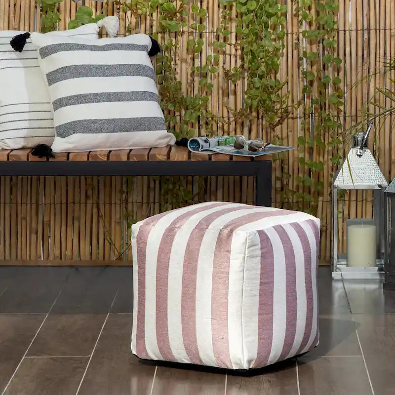 Pouf ottoman carré tissé Jacquard à rayures roses et blanches pour l'intérieur et l'extérieur
