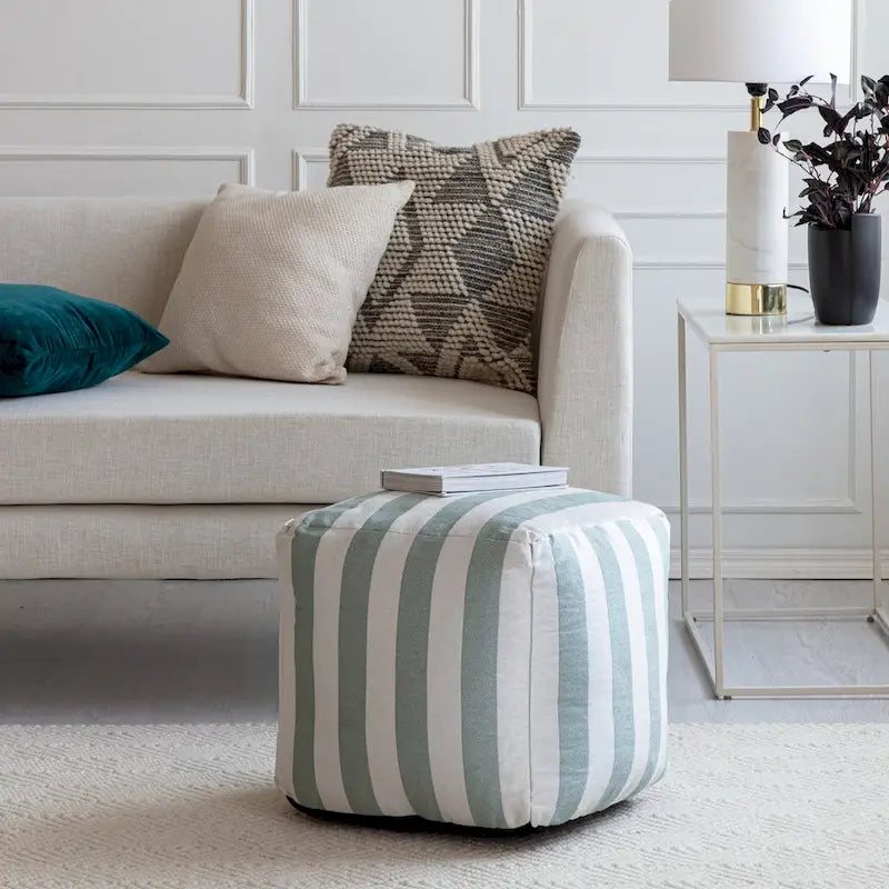 Pouf ottoman carré tissé Jacquard à rayures roses et blanches pour l'intérieur et l'extérieur