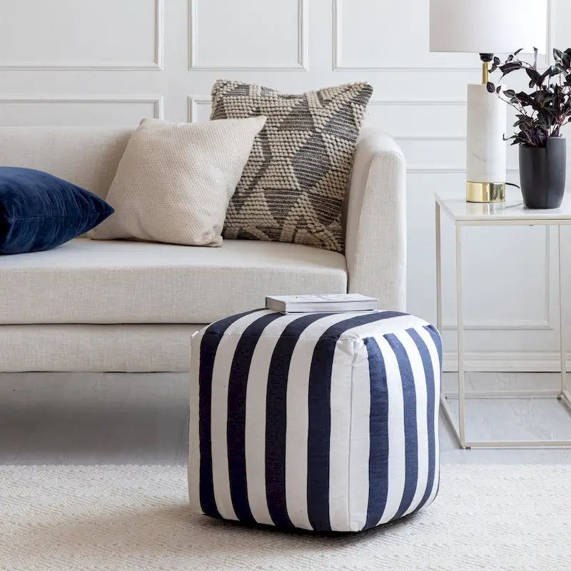Pouf ottoman carré tissé Jacquard à rayures roses et blanches pour l'intérieur et l'extérieur