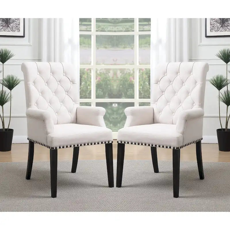 Rolled Back Design Button Tufted Beige Dining Arm Chair with Nailhead Trim