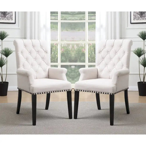 Rolled Back Design Button Tufted Beige Dining Arm Chair with Nailhead Trim
