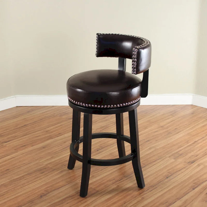 Tabouret de comptoir pivotant en similicuir avec garniture cloutée marron foncé