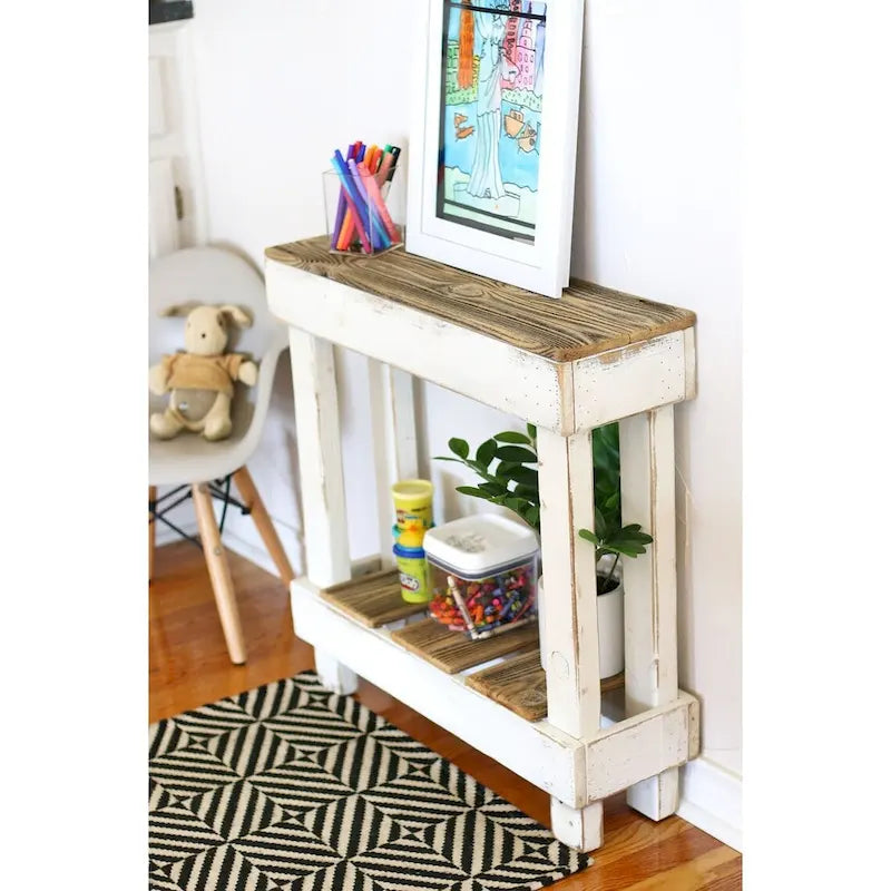 Mini console en bois recyclé rustique, finition blanche vieillie, deux étagères d'appoint