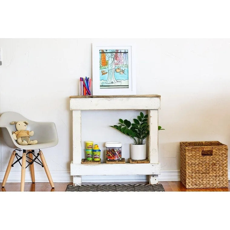 Mini console en bois recyclé rustique, finition blanche vieillie, deux étagères d'appoint