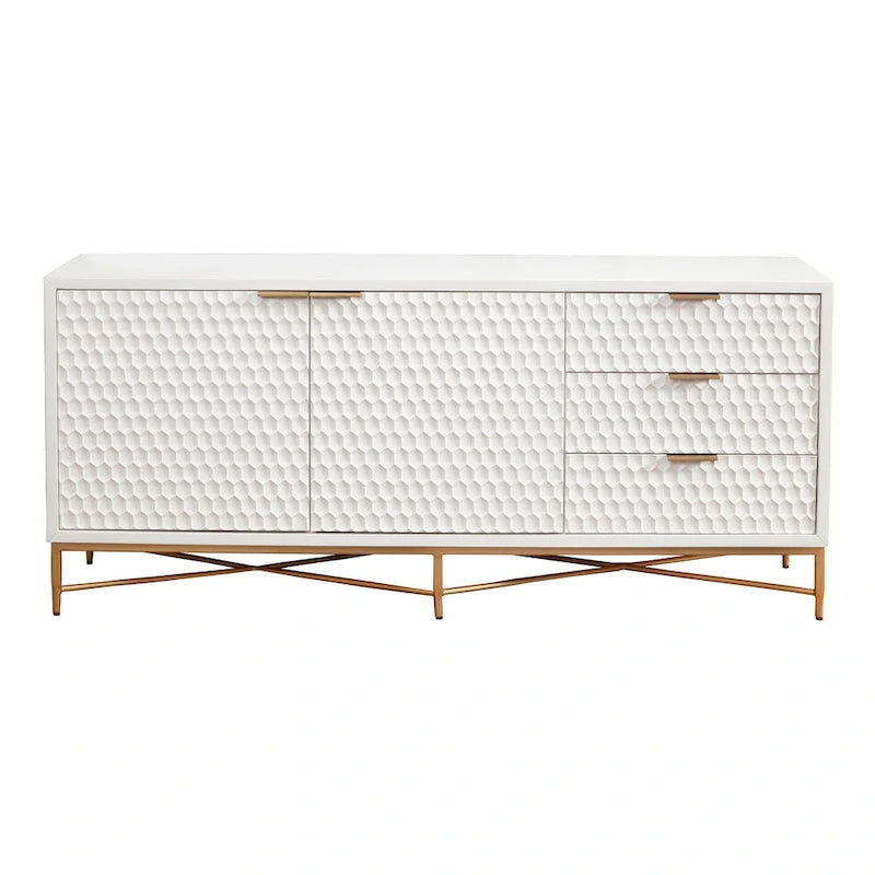 Meuble TV en bois texturé blanc avec base en métal doré