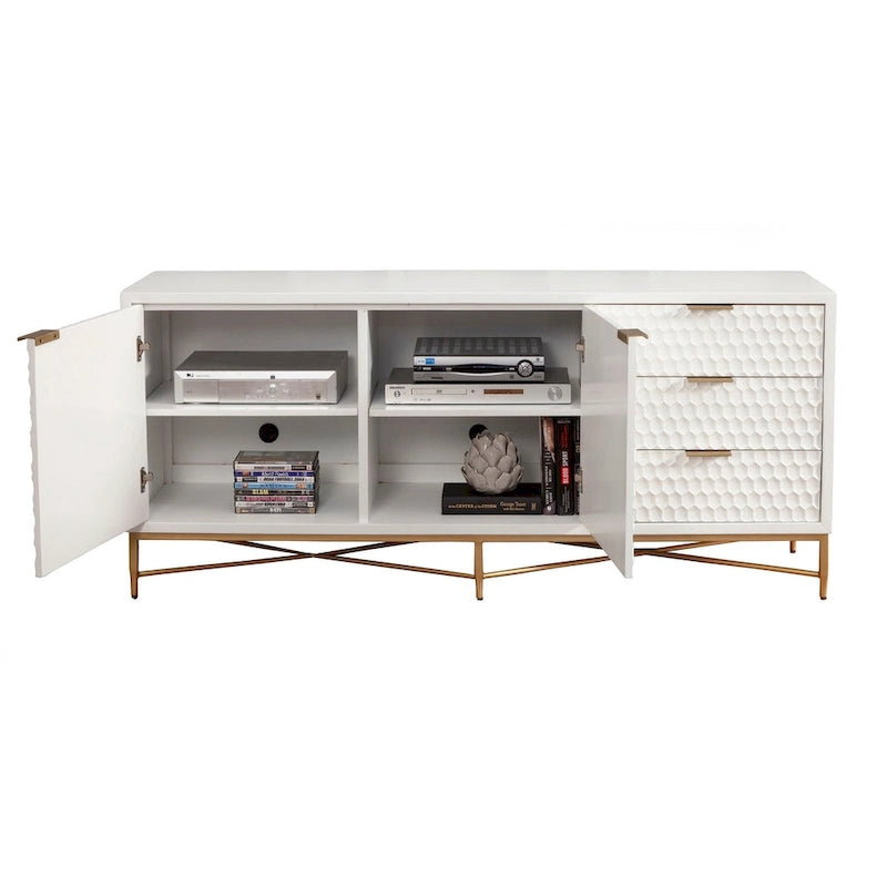 Meuble TV en bois texturé blanc avec base en métal doré