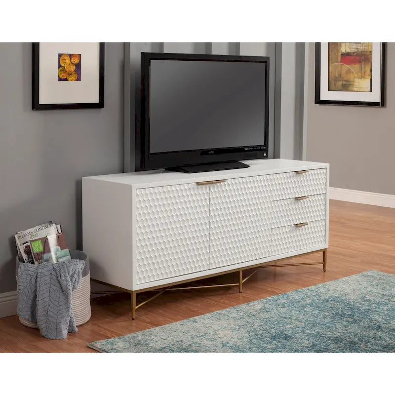 Meuble TV en bois texturé blanc avec base en métal doré