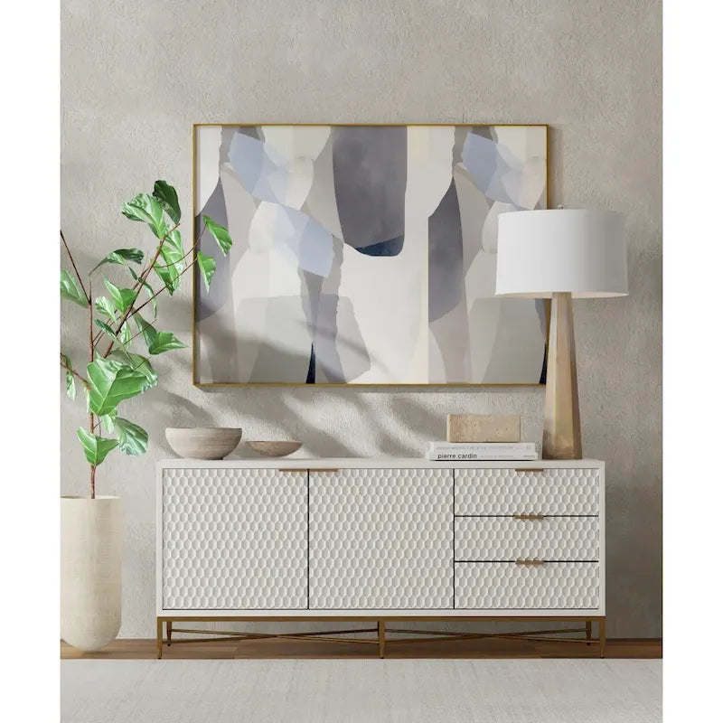 Meuble TV en bois texturé blanc avec base en métal doré