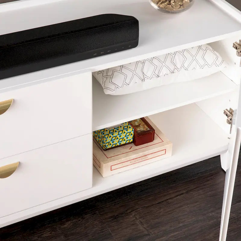 White Low-Profile Media TV Stand with Storage Drawers and Cabinets