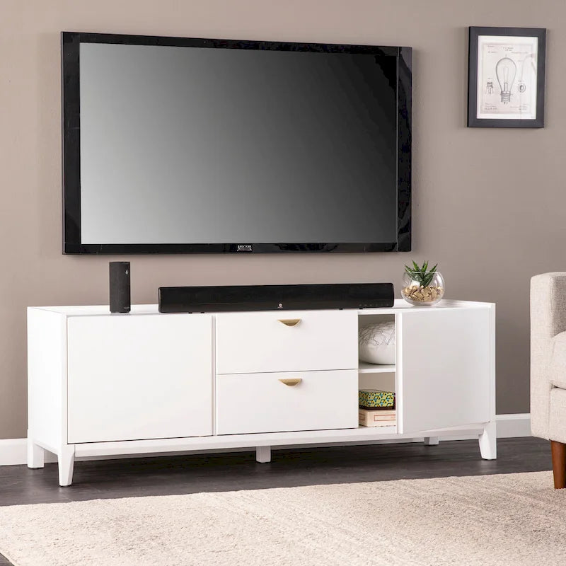 White Low-Profile Media TV Stand with Storage Drawers and Cabinets