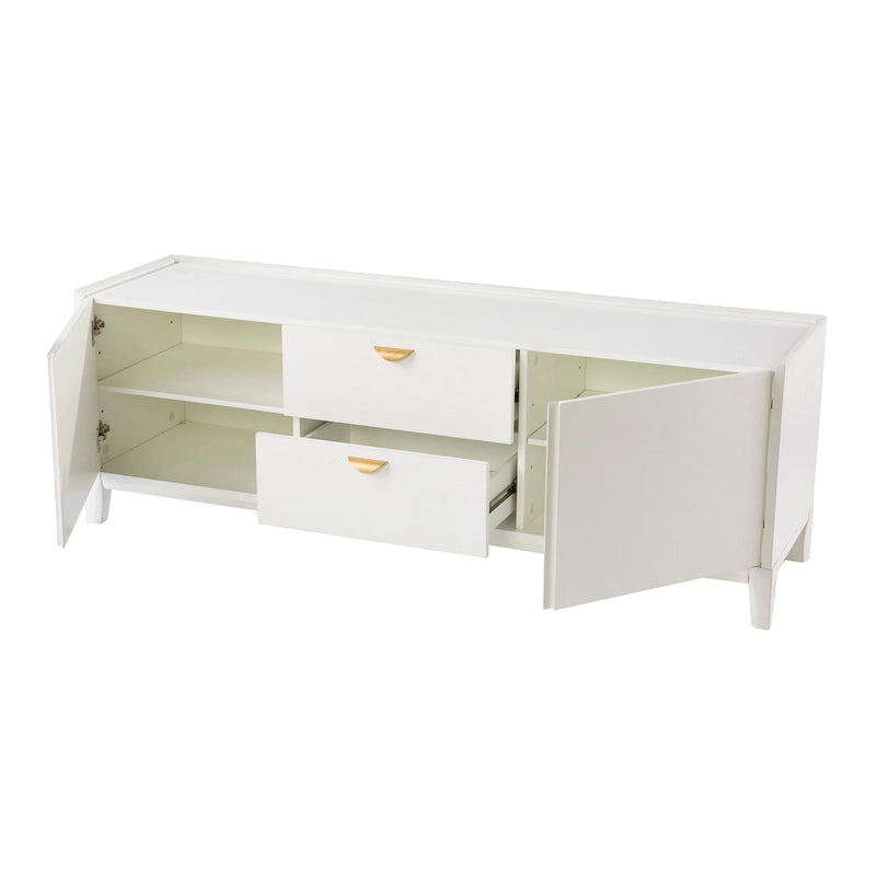 Meuble TV bas blanc avec tiroirs et armoires de rangement