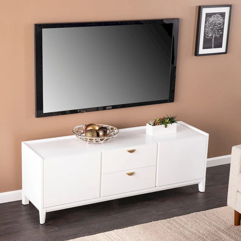 Meuble TV bas blanc avec tiroirs et armoires de rangement