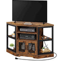 Meuble TV d'angle marron rustique avec portes en maille et étagères ouvertes
