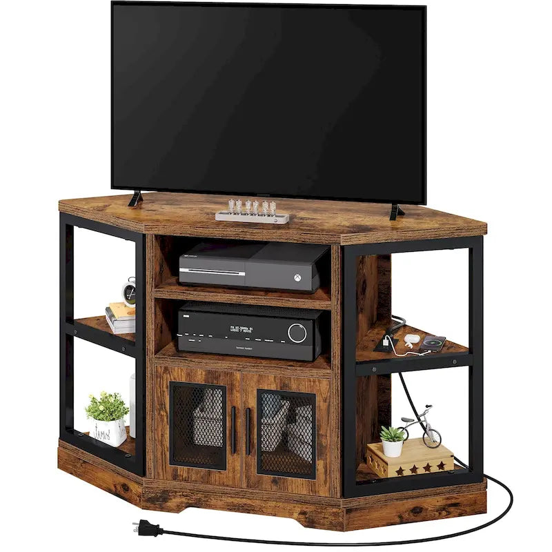 Rustic Brown Corner TV Stand with Mesh Doors and Open Shelves