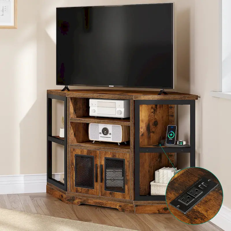 Rustic Brown Corner TV Stand with Mesh Doors and Open Shelves