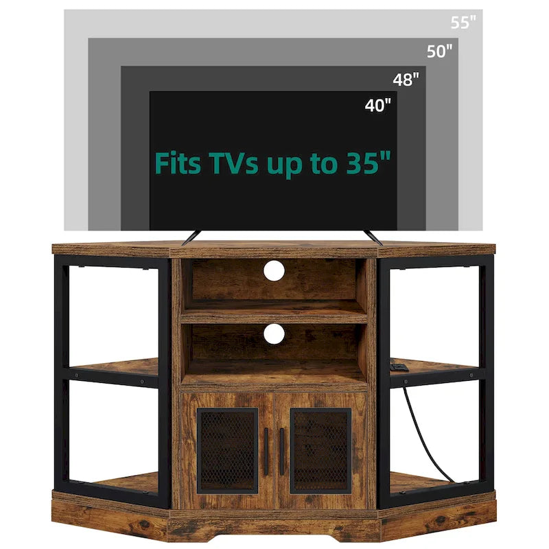 Meuble TV d'angle marron rustique avec portes en maille et étagères ouvertes