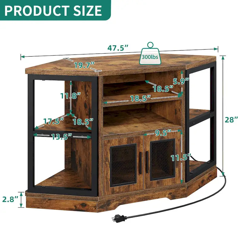 Meuble TV d'angle marron rustique avec portes en maille et étagères ouvertes