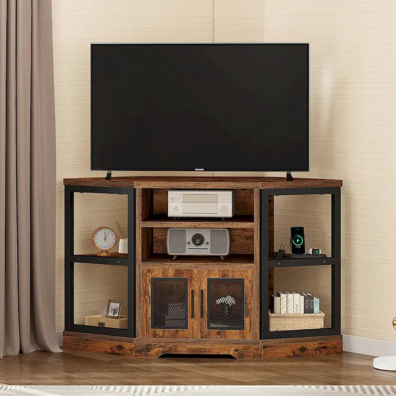 Meuble TV d'angle marron rustique avec portes en maille et étagères ouvertes