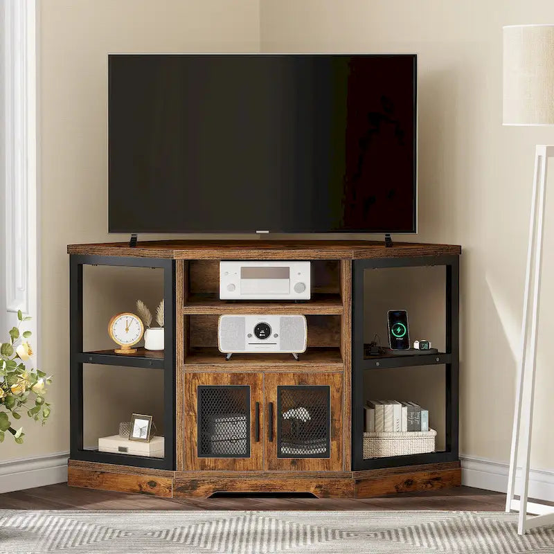 Rustic Brown Corner TV Stand with Mesh Doors and Open Shelves