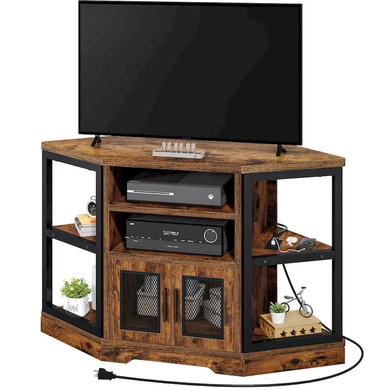 Meuble TV d'angle marron rustique avec portes en maille et étagères ouvertes
