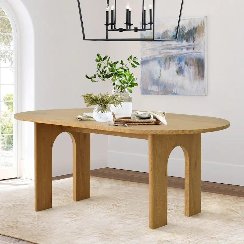 Table de salle à manger ovale Pied central arqué Fini bois de chêne naturel