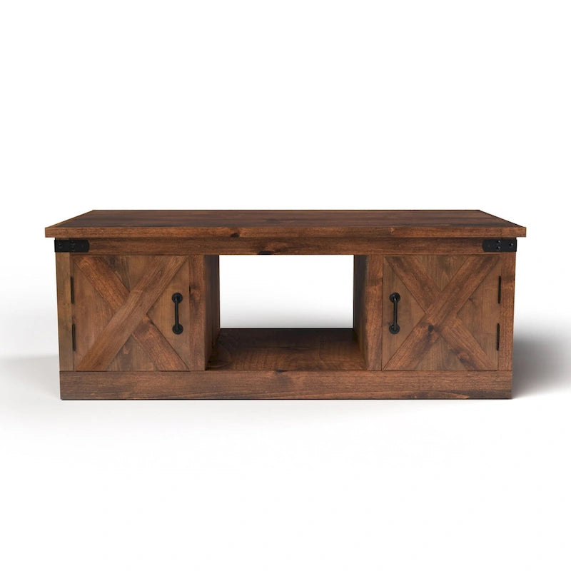 Table basse rustique en bois de ferme avec portes de grange, finition Aged Whiskey
