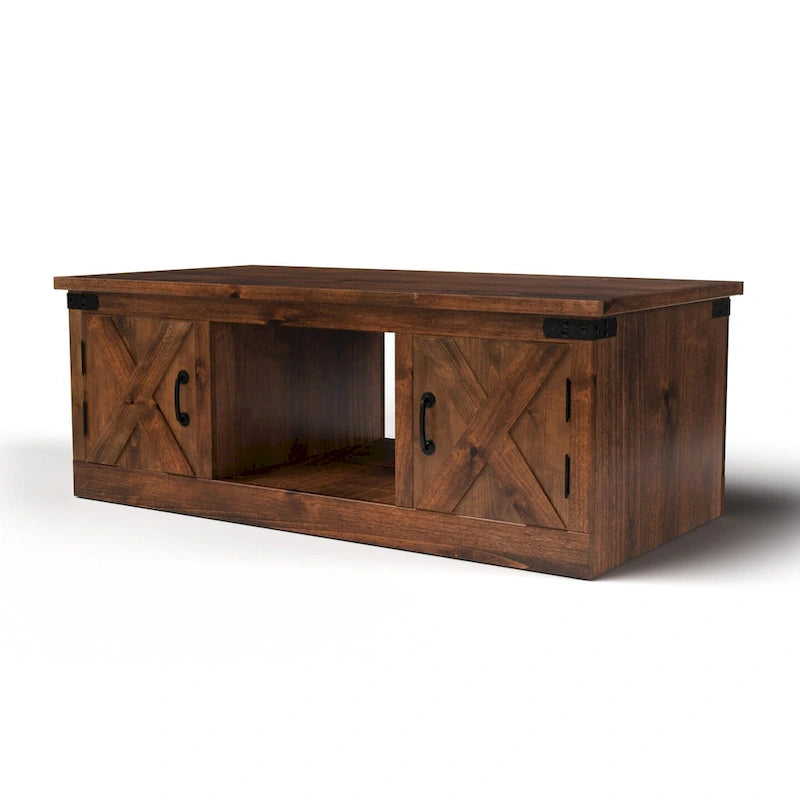 Table basse rustique en bois de ferme avec portes de grange, finition Aged Whiskey