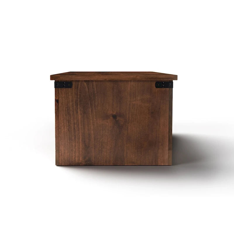 Table basse rustique en bois de ferme avec portes de grange, finition Aged Whiskey