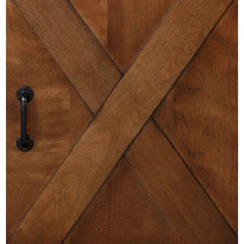 Table basse rustique en bois de ferme avec portes de grange, finition Aged Whiskey