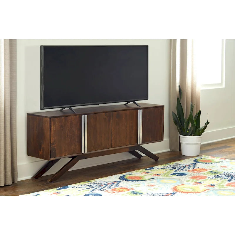 Mid-Century Modern Solid Wood Walnut TV Stand with Storage Doors