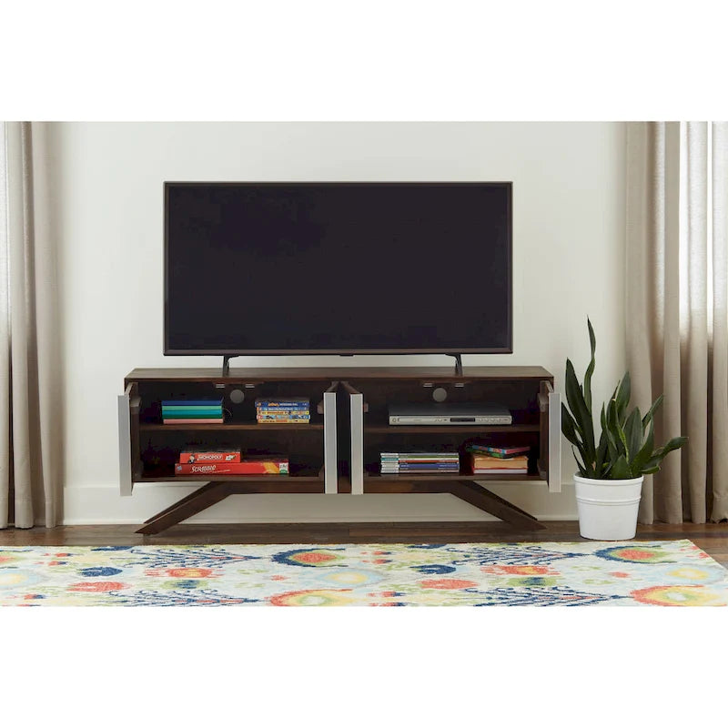 Meuble TV en noyer massif style Mid-Century Modern avec portes de rangement