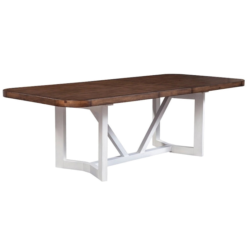 Table à manger bicolore en bois de style ferme avec rallonge amovible, blanc et marron