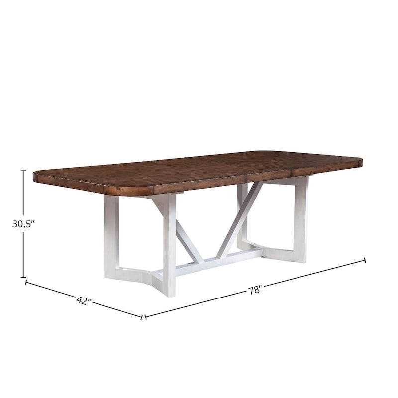 Table à manger bicolore en bois de style ferme avec rallonge amovible, blanc et marron