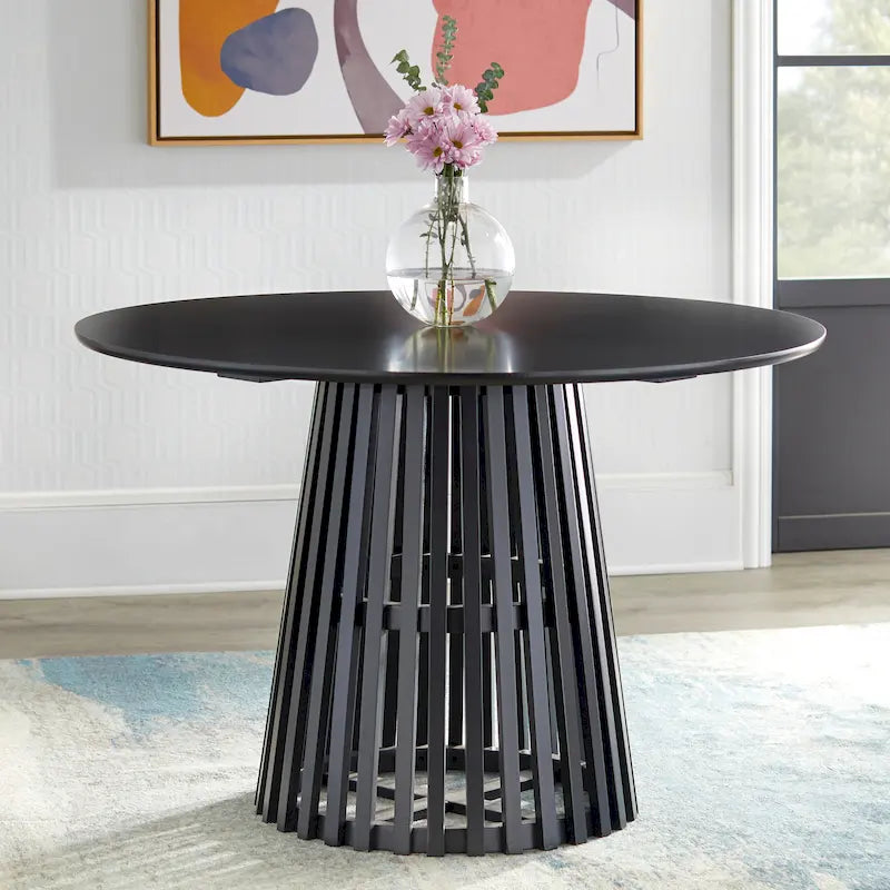 Table à manger ronde moderne du milieu du siècle avec piédestal à lattes Noyer Noir