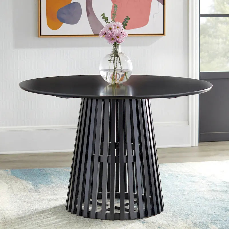 Table à manger ronde moderne du milieu du siècle avec piédestal à lattes Noyer Noir