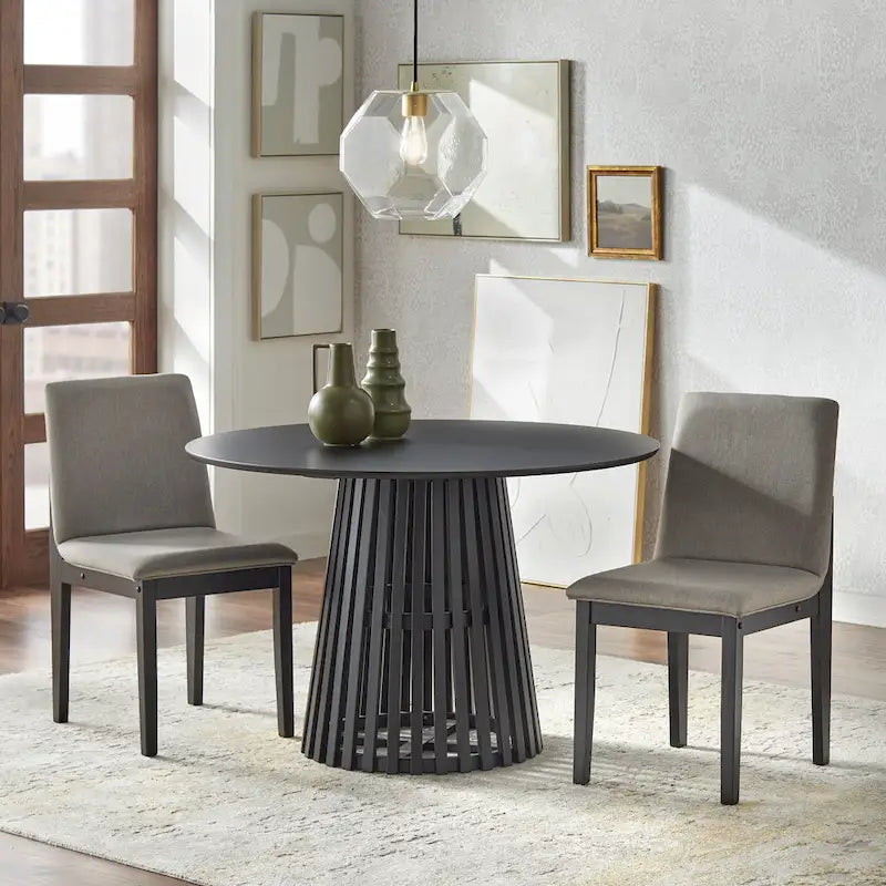 Table à manger ronde moderne du milieu du siècle avec piédestal à lattes Noyer Noir